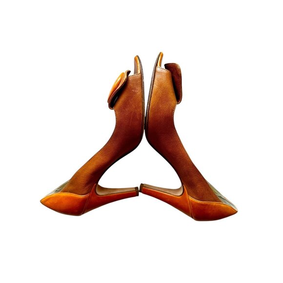 Butter by Nancy Geist Italian Leather Peep Toe Heels Orange Button Detail Size 8 - Picture 7 of 9